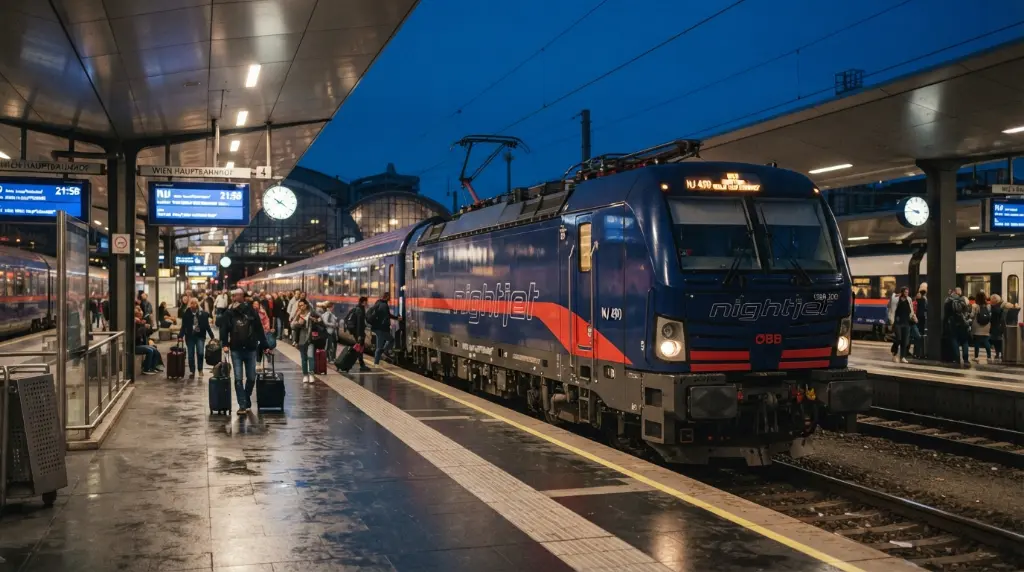 A beautiful exterior shot of a Nightjet train at a station