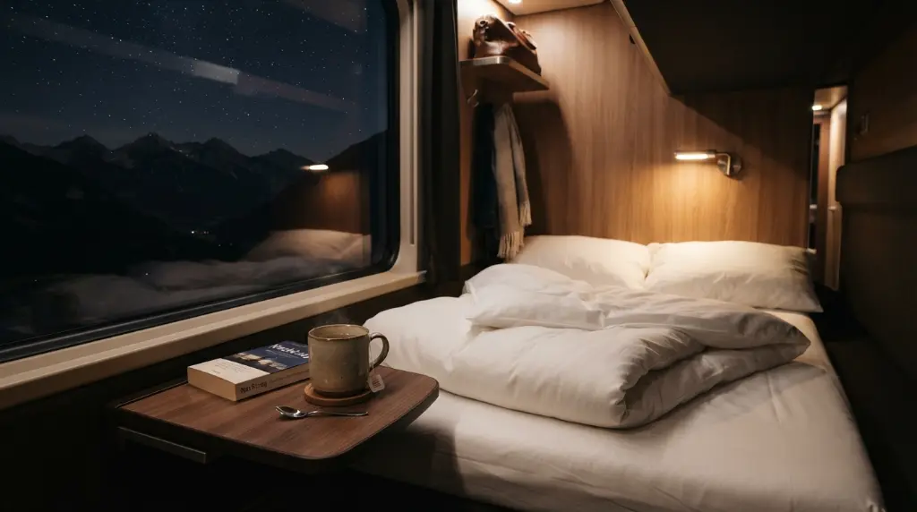 A cozy, well-lit interior shot of a modern Nightjet sleeper cabin or European Sleeper couchette