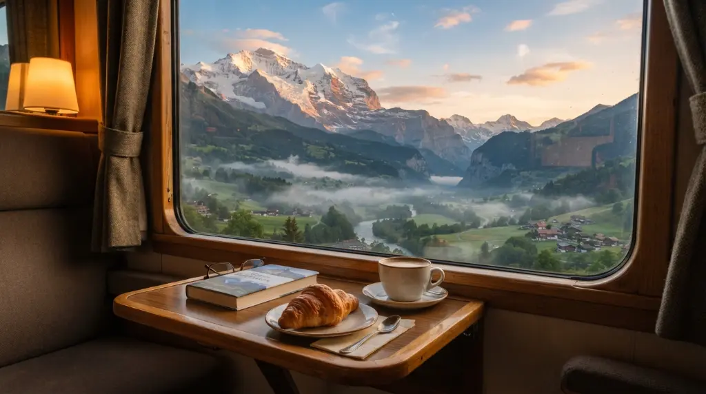 A scenic morning view from a train window (e.g., waking up in the Alps), emphasizing the hotel on wheels benefit.