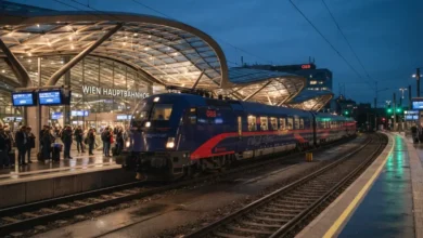 A sleek, modern ÖBB Nightjet Next Generation train departing a beautifully lit European station at dusk