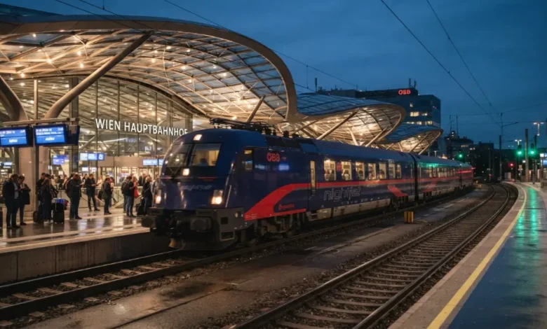 A sleek, modern ÖBB Nightjet Next Generation train departing a beautifully lit European station at dusk