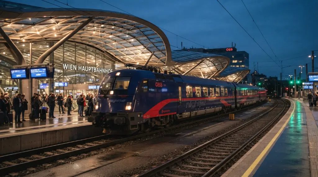 A sleek, modern ÖBB Nightjet Next Generation train departing a beautifully lit European station at dusk