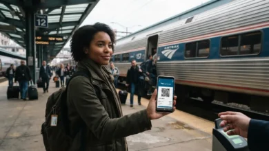 A traveler holding a smartphone displaying an Amtrak e-ticket QR code, with a train in the background