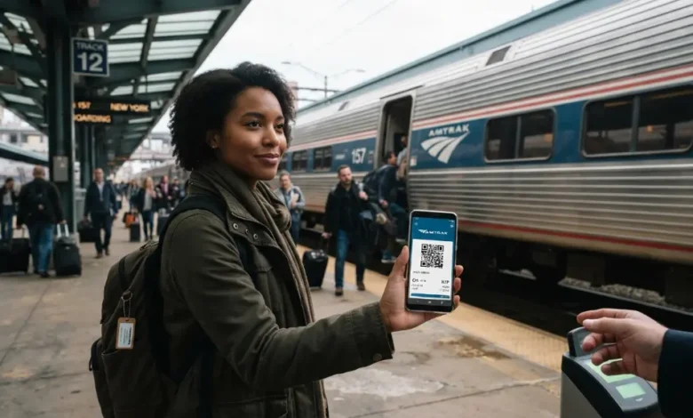 A traveler holding a smartphone displaying an Amtrak e-ticket QR code, with a train in the background
