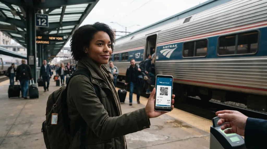 A traveler holding a smartphone displaying an Amtrak e-ticket QR code, with a train in the background