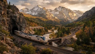 The California Zephyr winding through a dramatic, snow-capped mountain pass