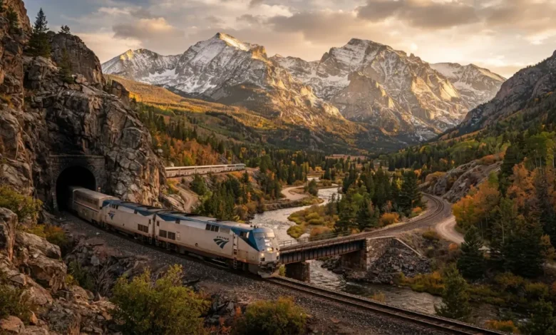 The California Zephyr winding through a dramatic, snow-capped mountain pass