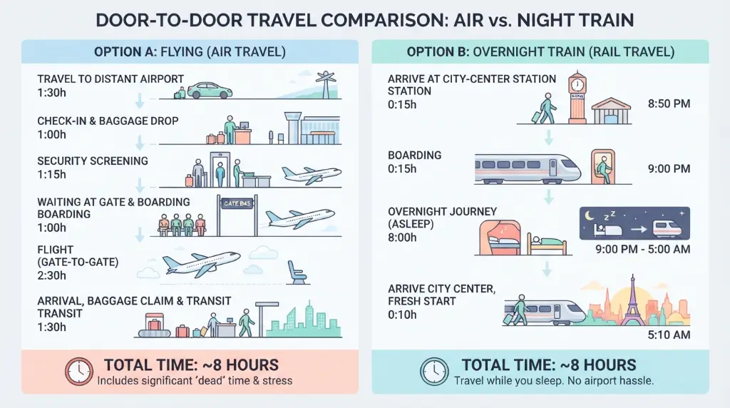 An infographic or split-screen visual comparing the Door-to-Door time of flying vs. taking a night train