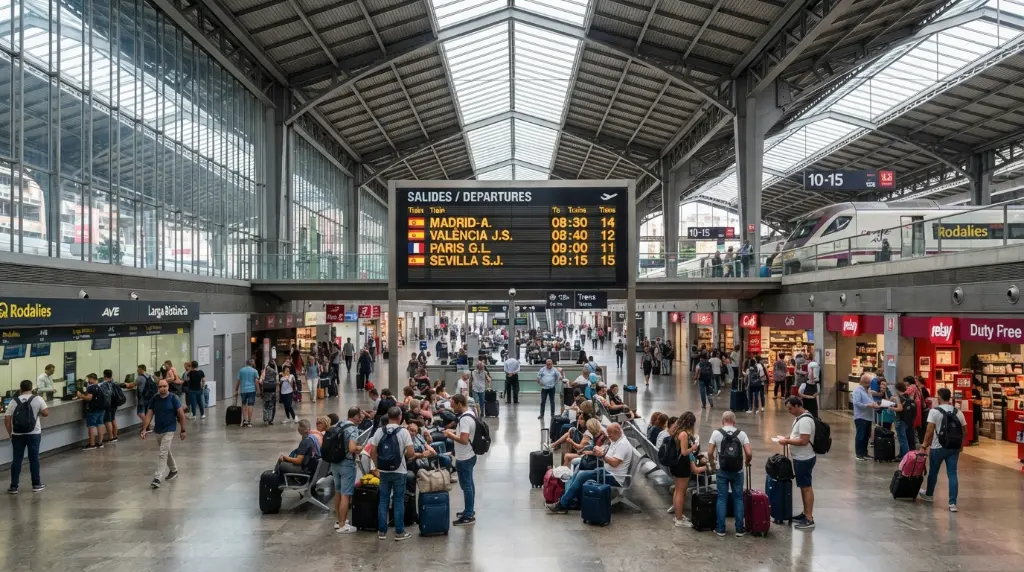 Barcelona Sants train station interior with departure boards and passengers