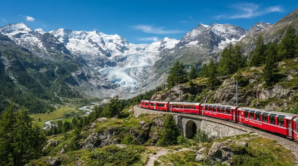 Bernina Express with Morteratsch Glacier in background