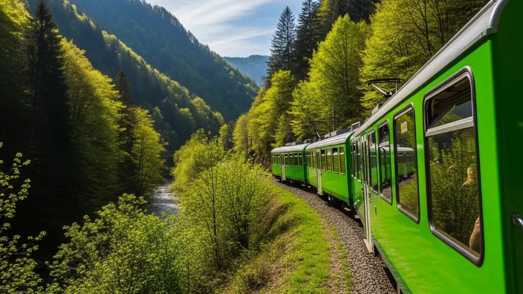 Bright green train winding through the lush Centovalli valley