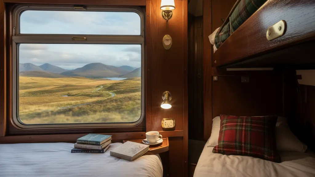 Caledonian Sleeper train Highland View Window view of moors and mountains