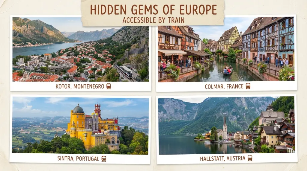 Collage of hidden gem European cities accessible by train