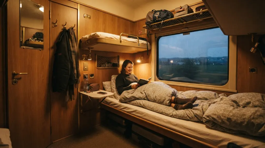 Comfortable night train sleeper cabin in Europe