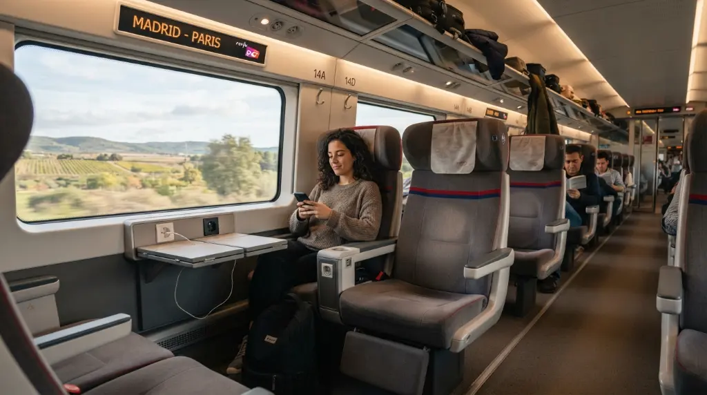 Comfortable second class seating with power outlets on Madrid to Paris train