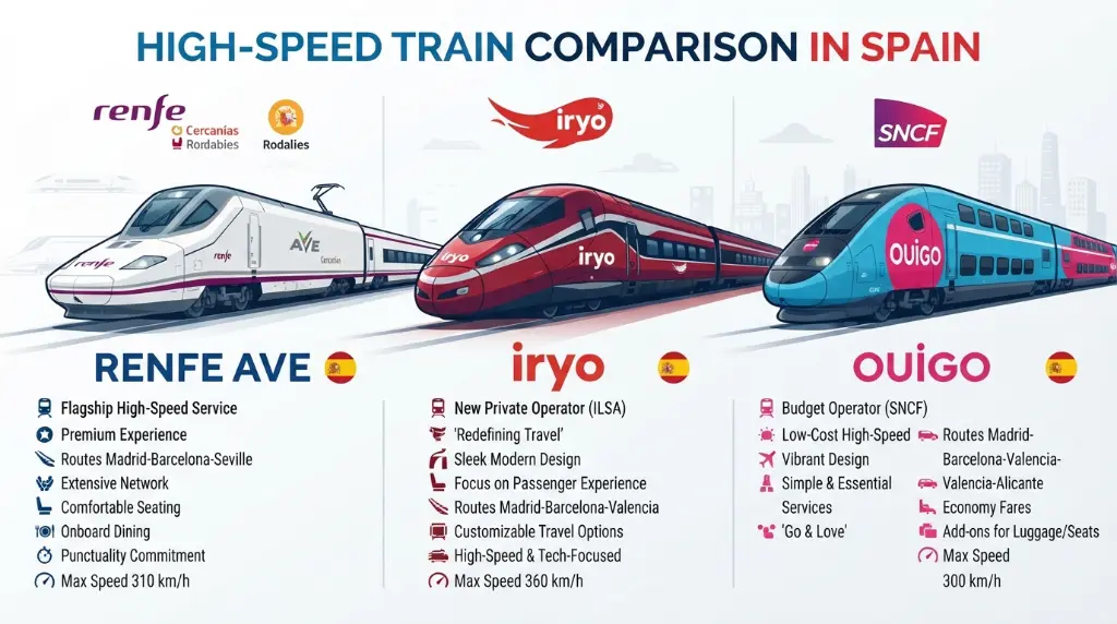 Comparison illustration of AVE, iryo, and OUIGO high-speed trains