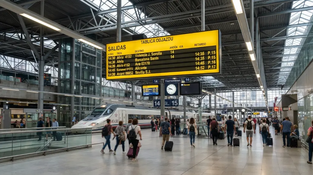 Digital departure boards and platforms at Madrid Chamartin