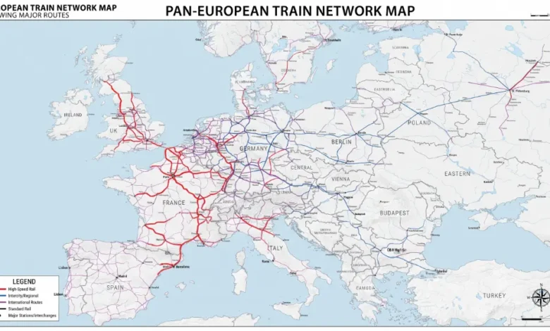 European train network map showing major routes