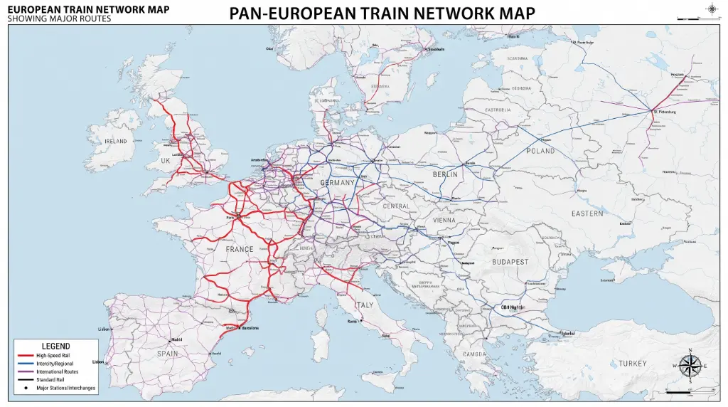 European train network map showing major routes