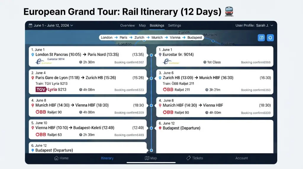 Example of a well-organized multi-country European train itinerary
