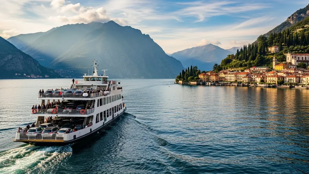 Ferry Ferry with mountains in the background heading to Bellagio