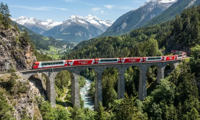 Glacier Express panoramic train crossing Landwasser Viaduct in Swiss Alps
