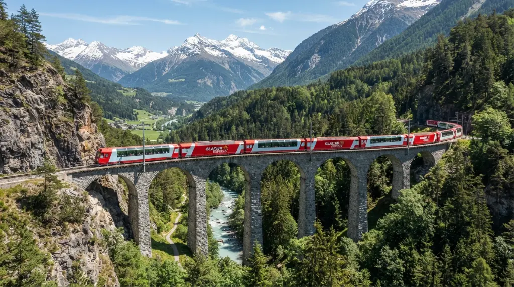 Glacier Express panoramic train crossing Landwasser Viaduct in Swiss Alps