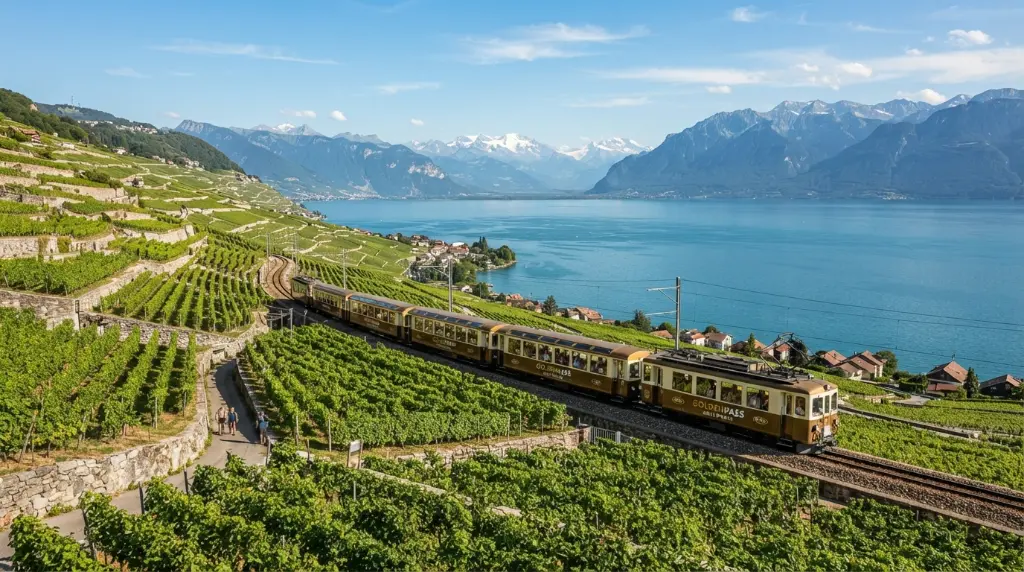 GoldenPass train passing through Lavaux vineyards