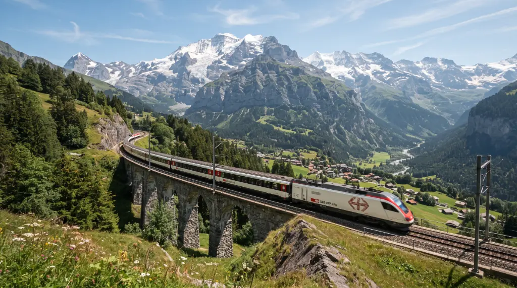 High-speed train traveling through Swiss Alps
