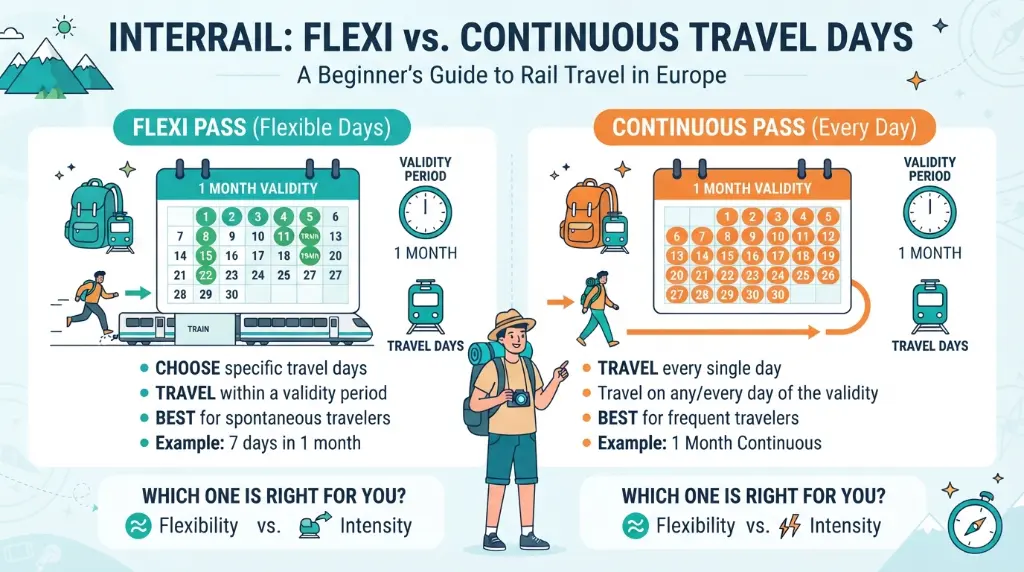 Infographic explaining Interrail Flexi and Continuous travel days for beginners
