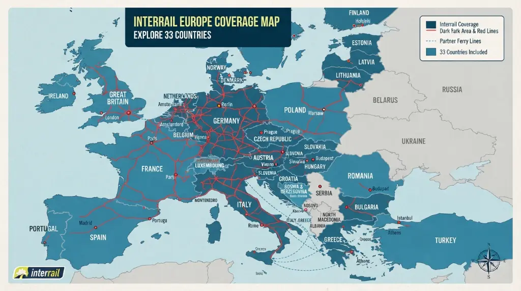 Interrail Europe coverage map showing 33 countries