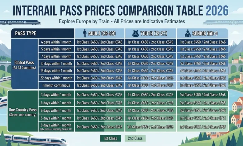 Interrail pass prices comparison table 2026
