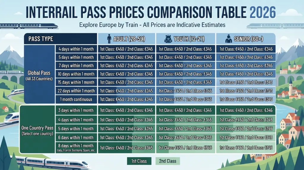 Interrail pass prices comparison table 2026