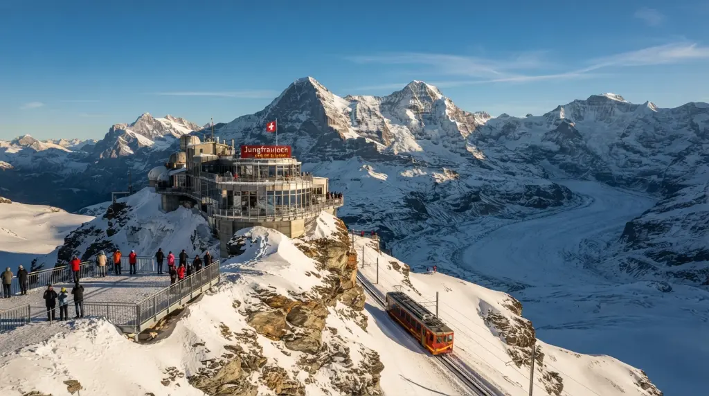 Jungfraujoch Top of Europe station with snow