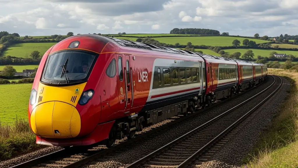 LNER Azuma: Red and white modern train.