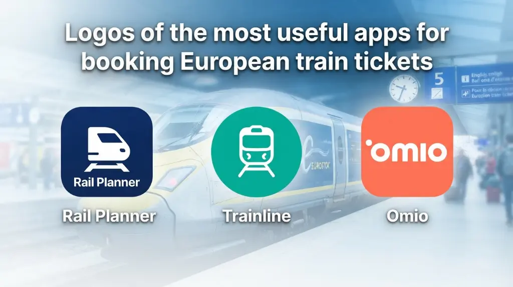 Logos of the most useful apps for booking European train tickets