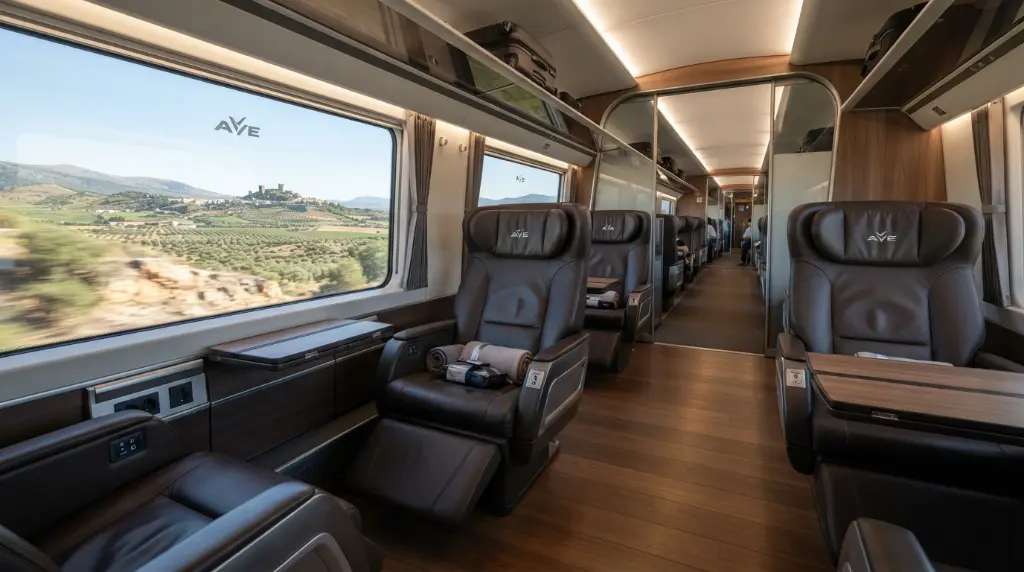 First class cabin of AVE high-speed train with premium leather seats