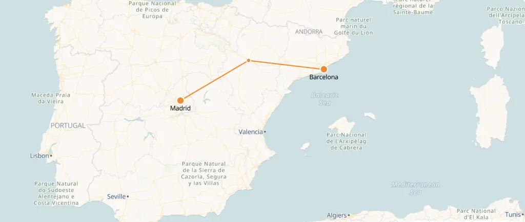 Madrid to Barcelona by Train map