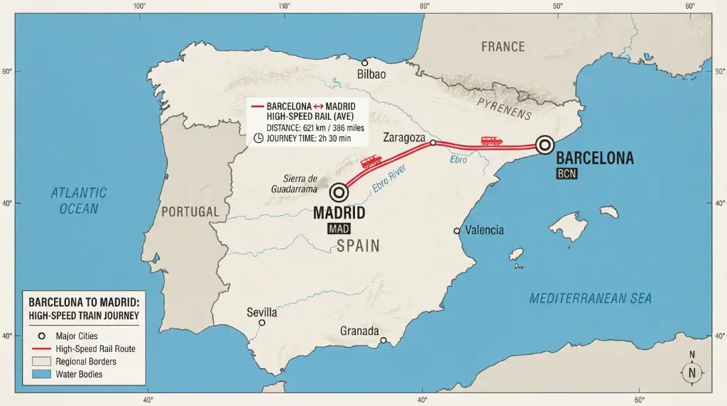Map showing high-speed train route Barcelona to Madrid Spain