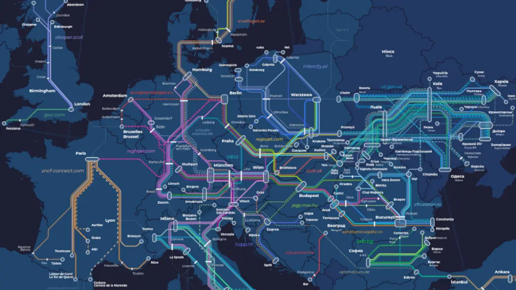 Map of European night train routes in 2026