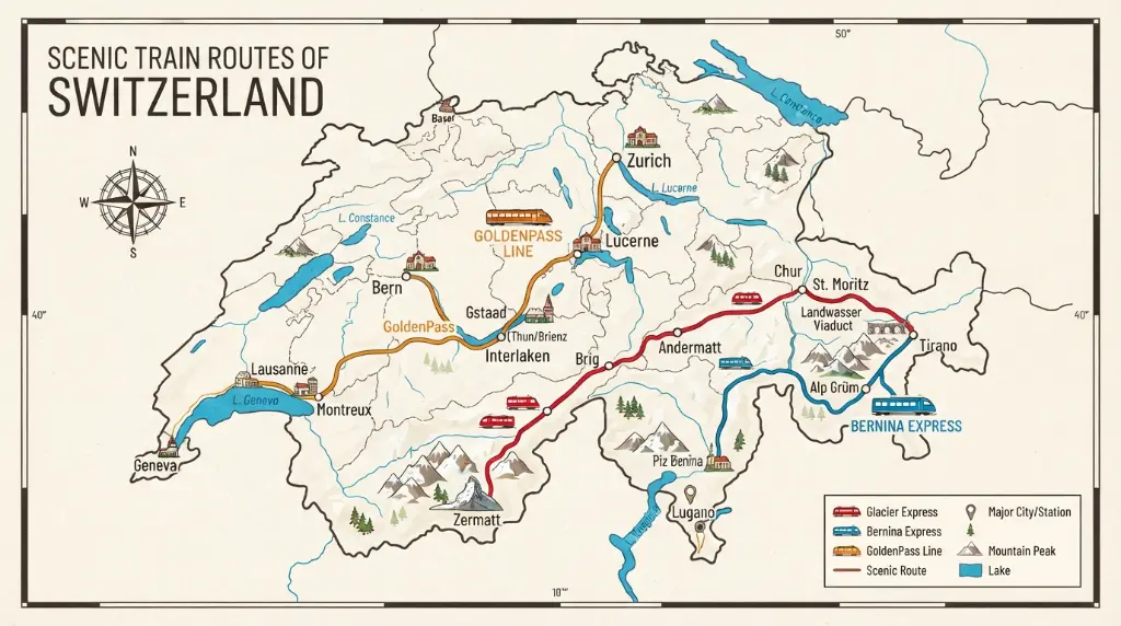 Map of Swiss scenic train routes