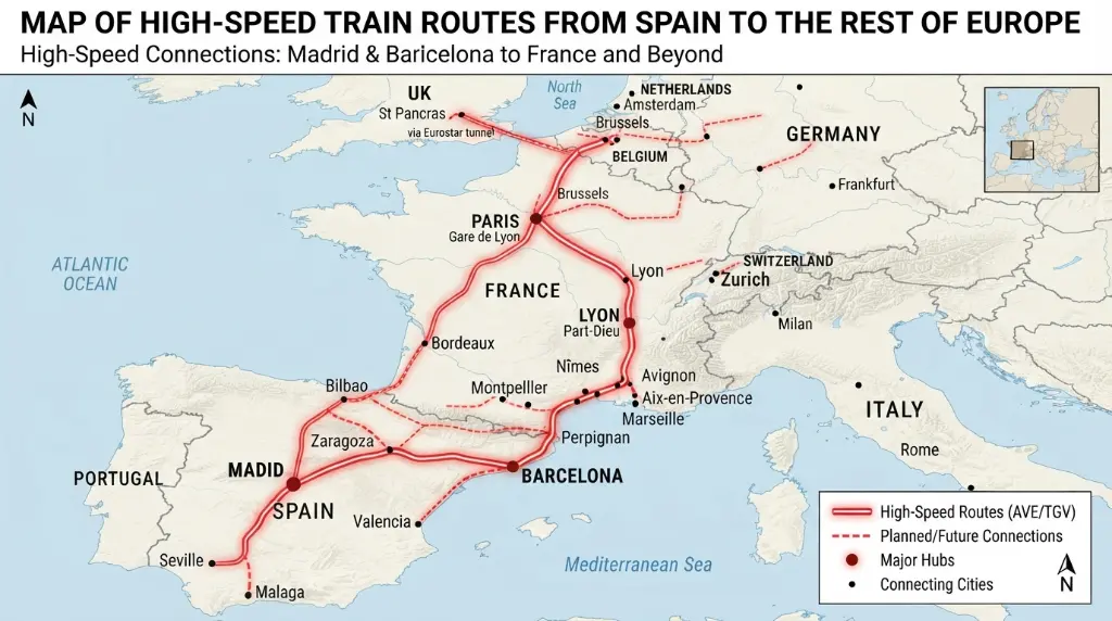 Map showing rail connections radiating from Madrid and Barcelona into France and beyond. Alt Map of high-speed train routes from Spain to the rest of Europe