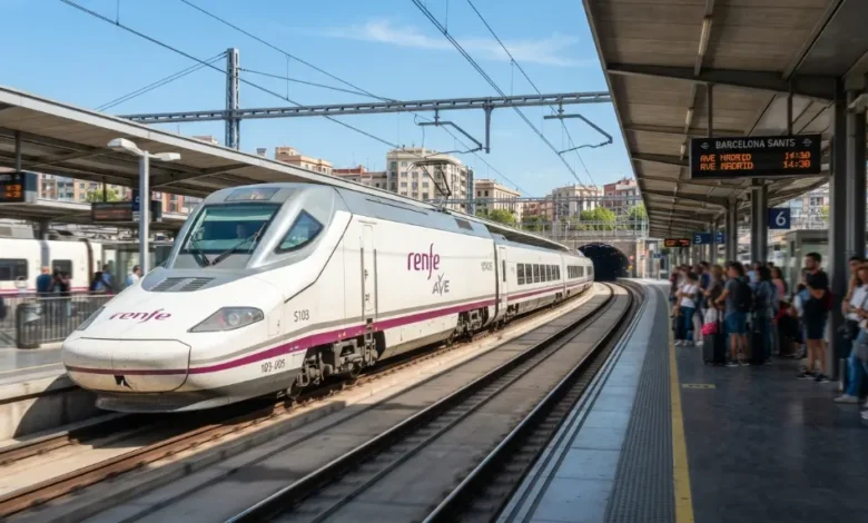 Modern AVE high-speed train departing Barcelona Sants station