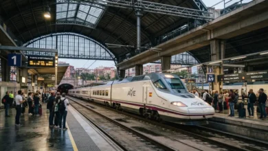 Modern AVE high-speed train departing Barcelona Sants station for European destinations