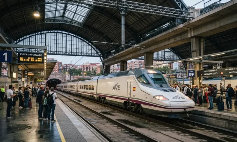 Modern AVE high-speed train departing Barcelona Sants station for European destinations