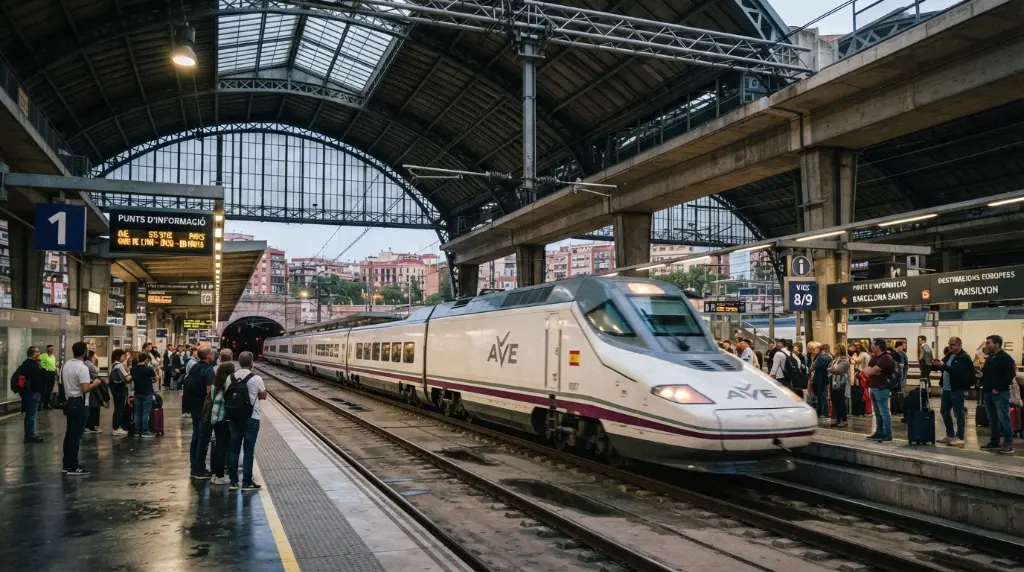 Modern AVE high-speed train departing Barcelona Sants station for European destinations