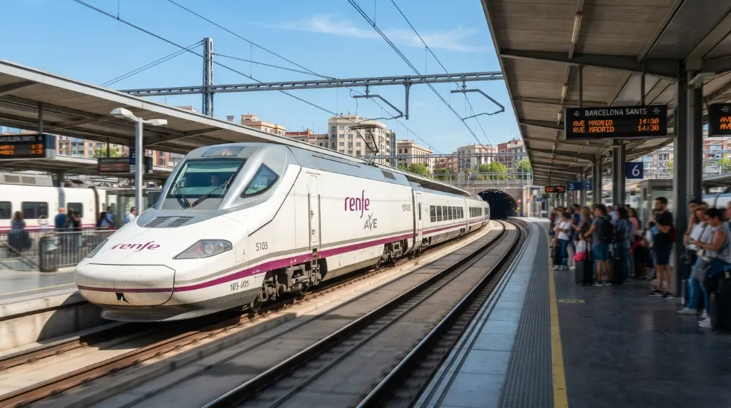 Modern AVE high-speed train departing Barcelona Sants station