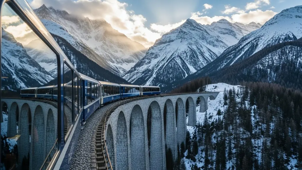 Panoramic carriage crossing a high alpine viaduct with snow‑capped peaks