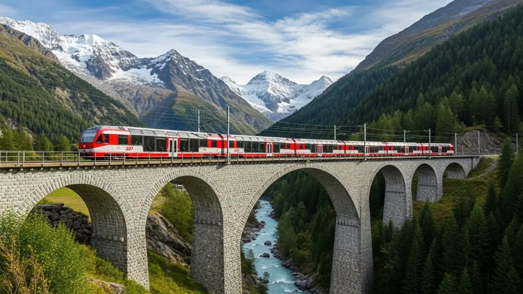 Panoramic coach crossing the historic Gotthard bridge