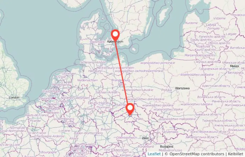 Prague to Copenhagen Map